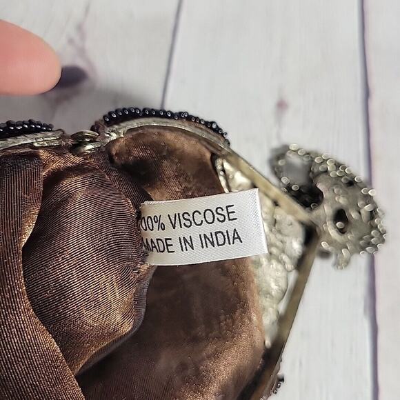 Beaded Hand Purse Vintage Antique Brown W/ Black Beads Metal Clasp/Chain - Picture 7 of 10